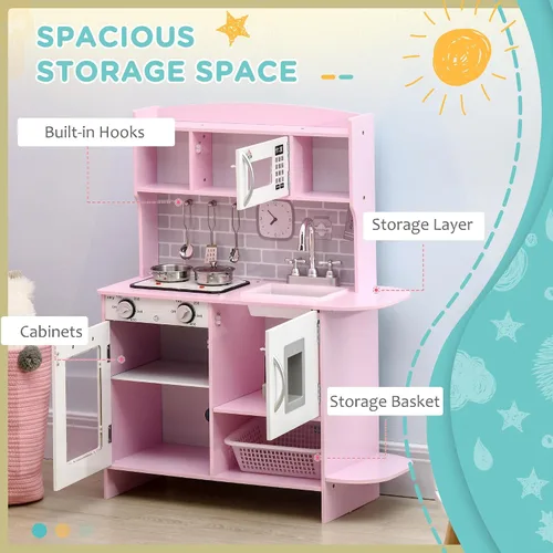 Vista 6 de Qaba Juego de juguetes de cocina para niños con diseño realista, luces de estufa, almacenamiento, dispensador de agua, para niños de 3 a 6 años
