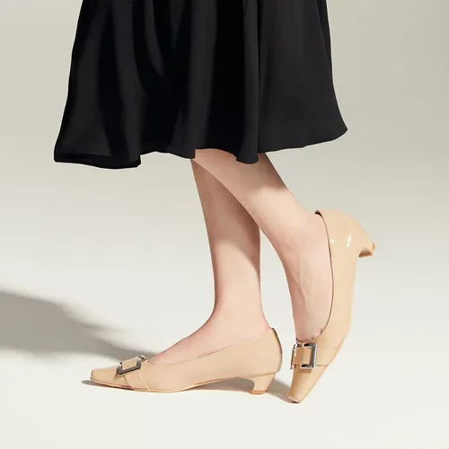 Vista 5 de C.Paravano Zapatos de tacón grueso con punta cerrada para mujer Tacones bajos de cuero Tacones bajos de punta cuadrada Zapatos de tacón de vestir