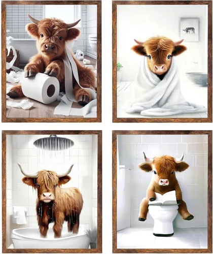 Vista 16 de Arte Divertido de Pared para Baño con Imágenes de Vaca de las Tierras Altas Escocesas, Decoración de Pared, Vaca Tierna en Bañera, Impresiones