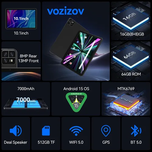 Vista 2 de Tableta, tabletas Android 15 de 10.1 pulgadas con Octa-Core, 16 GB de RAM + 64 GB ROM 512 GB TF Tabletas compatibles con GMS, batería de 7000 mAh