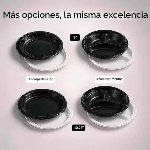 Vista 5 de Restaurantware -Chef 101 Platos de comida para microondas de 10.4 pulgadas, 100 platos redondos de plástico, 3 compartimentos, desechables, platos