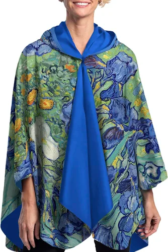 Vista 2 de RainCaper Capa impermeable para mujer, capa de lluvia con capucha, reversible, arte fino, Van Gogh Irises, talla única