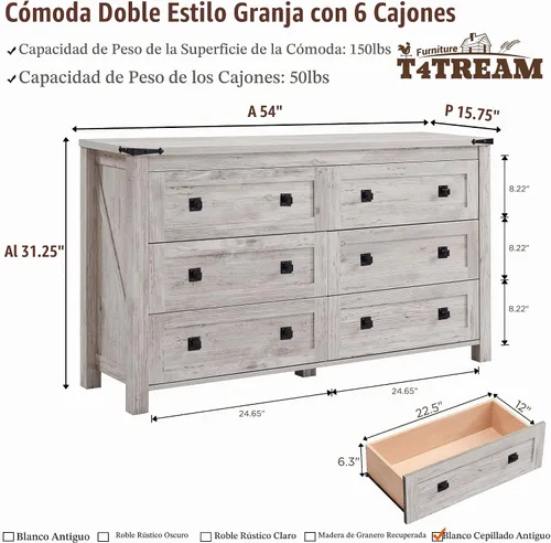 Vista 2 de T4TREAM Farmhouse 6 Cajones Cómoda para Dormitorio, Cómoda de Madera Rústica Ancha, Organizador de Cómodas de Almacenamiento para Dormitorio, Sala
