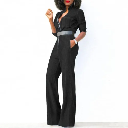 Vista 2 de GOKKILRW Enterizo sexy de mezclilla de manga larga para mujer, cintura alta, cuello en V, de una pieza, pierna ancha, pantalones largos, pantalones