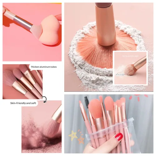 Vista 5 de Juego de brochas de maquillaje de 7 a 8 piezas, para base, polvo, sombra de ojos rubor, pestañas y corrector OPP Bag (beige)