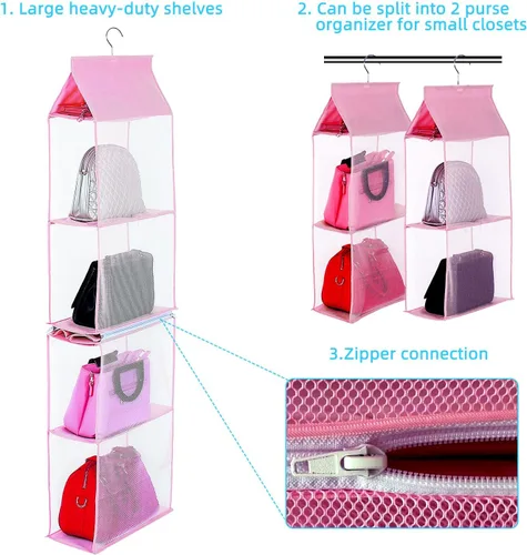 Vista 4 de KEEPJOY Organizador de bolso para armario, organizador de bolso colgante con 4 estantes de malla de alta resistencia (rosa)