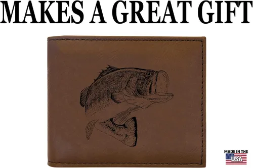 Vista 5 de Rogue River Tactical Bass Fishing Fish Billetera de cuero para hombre RFID regalo para él papá padre Estados Unidos Billfold pescador, Marrón, Pesca
