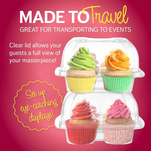 Vista 8 de Cajas de plástico para cupcakes 4 compartimentos – Paquete de 50 Soporte desechable para cupcakes de cúpula alta con tapa a granel Cajas
