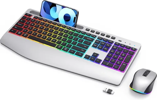 Vista 8 de Combo de teclado y mouse inalámbricos, mouse y teclado con retroiluminación RGB de doble sistema, recargable 2.4G, diseño ergonómico silencioso