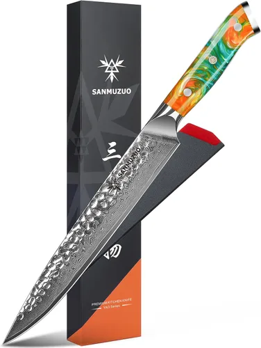 Vista 12 de Cuchillo Santoku de 7" - Cuchillo de chef japonés - Acero de Damasco martillado y mango de resina - Serie YAO