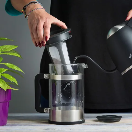Vista 4 de Cafetera artesanal 2 en 1 de 51 onzas, cafetera fría y prensa de café de 12 tazas, acero inoxidable cepillado