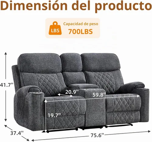 Vista 2 de EBELLO Sofá reclinable eléctrico de tela, sofá reclinable de dos plazas con portavasos, puertos de carga USB tipo C y espacio de almacenamiento, 2