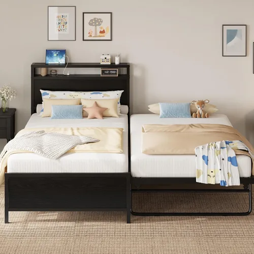 Vista 6 de IRONCK Twin Daybed with Trundle Bed & Storage Headboard & Charging Station Sturdy Metal Twin Bed Frame, Space-Saving Pop Up Trundle Bed for