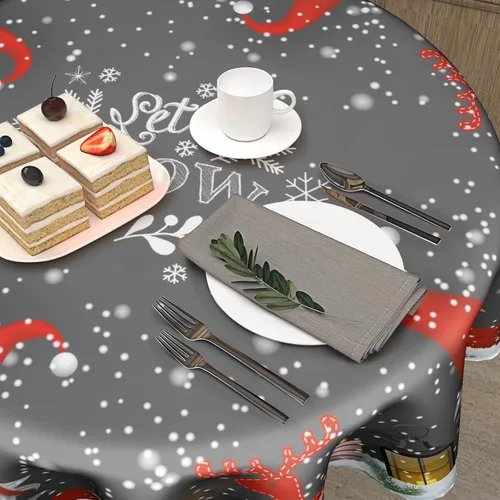 Vista 5 de Giwawa Mantel redondo de gnomo de invierno, mantel reutilizable de elfo de Navidad, 60 pulgadas, diseño de copo de nieve, alce, resistente al calor