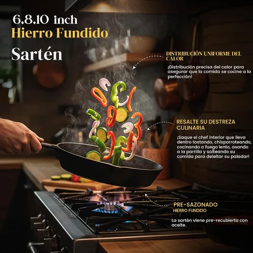 Vista 3 de Utopia Kitchen Juego de sartenes de hierro fundido de 3 piezas, sartén para chefs, sartenes de hierro fundido pre-sazonadas, 6, 8 y 10 pulgadas