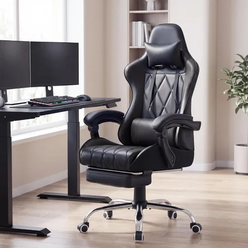 Vista 4 de Shahoo Silla ergonómica para videojuegos, reposapiés y soporte lumbar de Negro