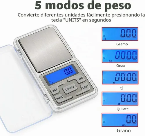 Vista 2 de Báscula digital de bolsillo, capacidad de 17.64 oz, balance de alta precisión de 0.00 oz, mini báscula de peso de recarga de gramos, báscula