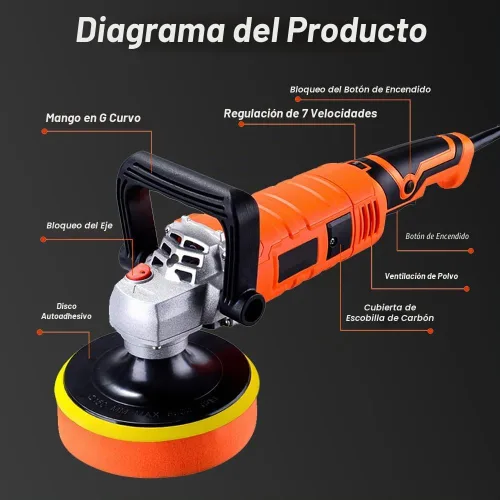 Vista 5 de Pulidora de búfer, máquina de detallado de automóvil con control variable de 7 velocidades, motor de cobre puro, diseño de bajo ruido
