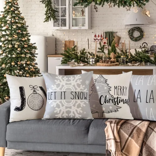 Vista 3 de OTOSTAR Juego de 4 fundas de almohada de Navidad de 45.7 x 45.7 cm, decoración navideña de granja, fundas de almohada de Navidad Joy Xmas Tree Let