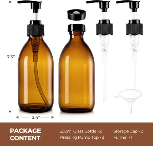 Vista 7 de Botella con bomba de vidrio ámbar de 8 onzas, dispensador de jabón vacío pequeño para aceite Refillable Dark Lotion Dispensers, Include Storage