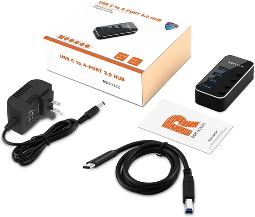 Vista 9 de Concentrador USB alimentado RSHTECH de 4 puertos USB C a USB 3.0, expansor de concentrador de aluminio portátil USB 3.0 con adaptador de CA de 5 V e