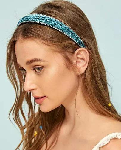 Vista 4 de Wecoe Diadema con diamantes de imitación para mujeres y niñas, azul, diadema de moda, antideslizante, brillante, cristal, diamante, banda fina