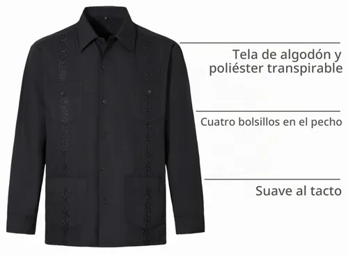 Vista 4 de Camisas guayabera de manga larga para hombre Negro