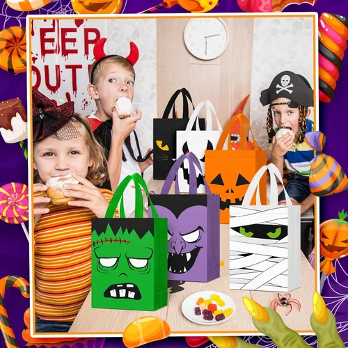 Vista 5 de Paterr 18 bolsas de dulces de Halloween, reutilizables, no tejidas, bolsas de regalo de gato, fantasma, vampiro, zombi, calabaza, con asas, a granel