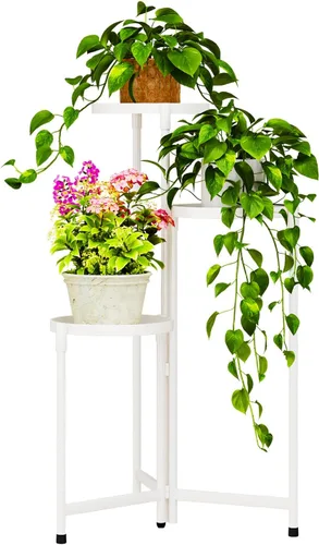 Vista 14 de Soporte negro de 2 niveles para plantas en interiores, 30 pulgadas de alto, estante de esquina de metal resistente para plantas estrechas para piso