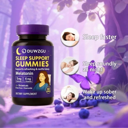 Vista 3 de Gomitas para dormir para adultos – Melatonina, L-teanina, manzanilla y bálsamo de limón – Sabor a bayas – Vegano, sin OGM – 60 gomitas nocturnas