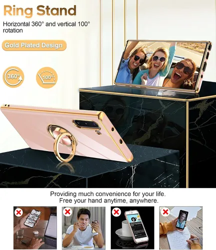 Vista 3 de LeYi Funda para Note 10 - Soporte de anillo giratorio de 360°, soporte magnético, funda protectora con borde de oro rosa chapado