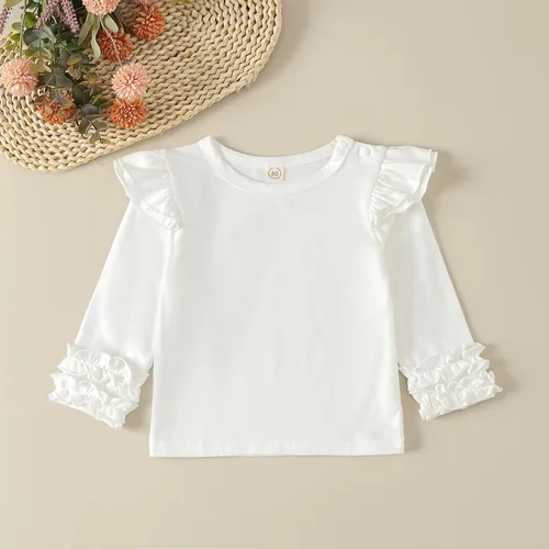 Vista 2 de Camisetas básicas lisas de manga corta con volantes para niñas pequeñas, ropa casual para cumpleaños infantil