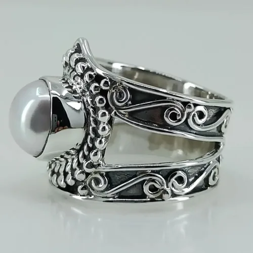 Vista 3 de Navya Craft Anillo de perlas, anillo de promesa de plata de ley 925 para mujer, perla de agua dulce natural, piedras preciosas redondas hechas a