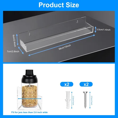 Vista 3 de Estante de especias acrílico transparente montado en la pared, estante flotante de 15 pulgadas con protectores de extremo extraíbles para armario