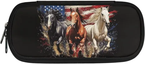 Vista 2 de Estuche para lápices de caballo con bandera estadounidense para adultos y niños, bolsa de lápices estética de gran capacidad, portalápices portátil