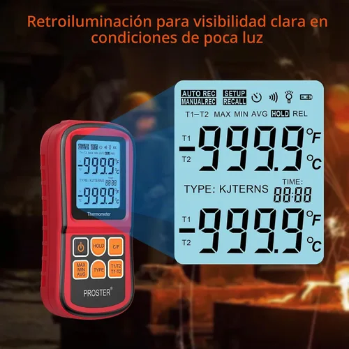 Vista 3 de Proster tester medidor de temperatura con retroiluminación LCD de dos canales con termómetro y termopar digital para clase K/J/T/E/R/S/N, con dos