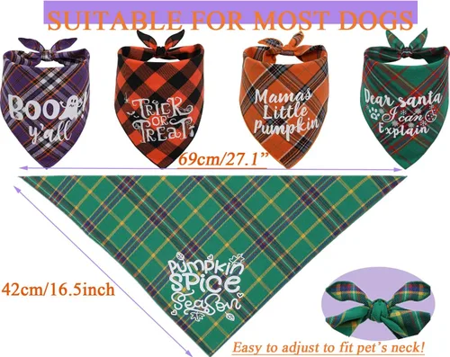 Vista 5 de Pañuelos navideños para perro, paquete de 6 bandanas para Halloween, otoño, Acción de Gracias, Navidad, para perro, decoraciones de disfraz
