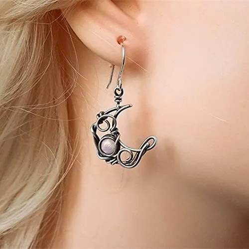 Vista 3 de GBAHFY Aretes colgantes bohemios de ópalo retro con sol y luna, plata vintage, asimetría, luna, estrella, sol, aretes colgantes de gota con piedra