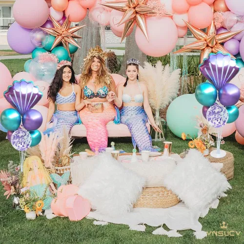 Vista 5 de Kit de soporte de globos de mesa de sirena, 2 juegos con 2 globos de aluminio de conchas marinas, 14 globos de látex azul púrpura para cumpleaños