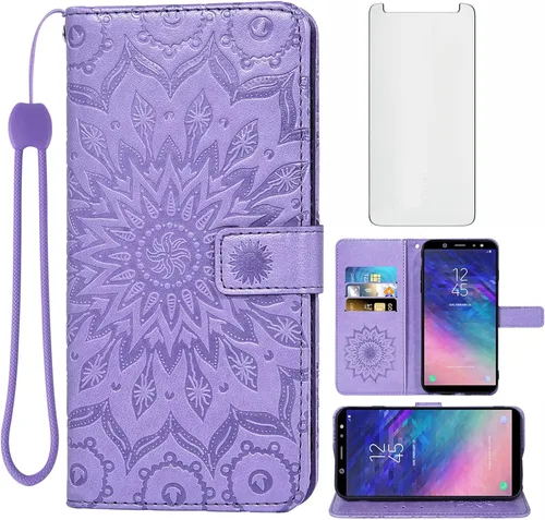 Vista 9 de Funda de teléfono para Samsung Galaxy A6 (2018) con protector de pantalla de vidrio templado y cubierta delgada de cuero, soporte para tarjetas