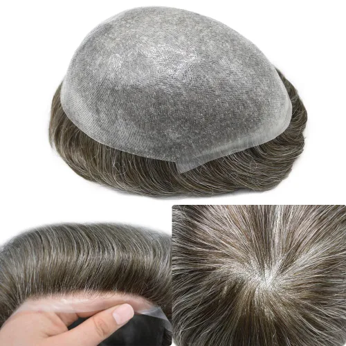 Vista 42 de Tupé de piel ultra fina para hombres pieza de cabello humano real sistema de reemplazo 0.002 in Mens Toupee Hairpiece para hombres V-Loop 8x10 80%
