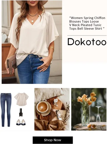 Vista 4 de Dokotoo Blusas de gasa para mujer, estilo casual, de manga acampanada, holgada, cuello en V, plisadas