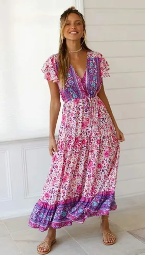 Vista 2 de R.Vivimos - Vestido de verano holgado para mujer, tela de algodón, estampado floral, manga corta