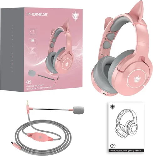 Vista 9 de PHOINIKAS Auriculares inalámbricos para juegos con bonitas orejas de gato con cable para PS5 PS4 PC Nintendo Switch Q9 sobre la oreja con micrófono