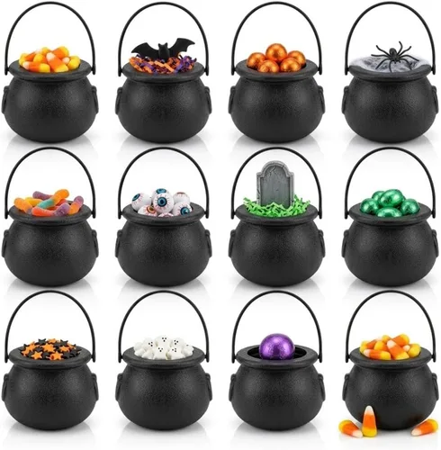Vista 27 de PMU Caldero de Halloween 6 piezas de 3 pulgadas pequeño de bruja de plástico para caldero negro, para decoración de Halloween