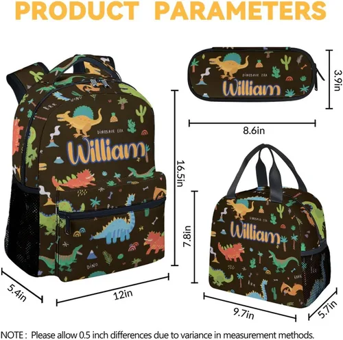 Vista 4 de Mochila personalizada para niños con lonchera para niños y niñas, juego personalizado de 3 mochilas escolares de dinosaurios a juego, bonita bolsa