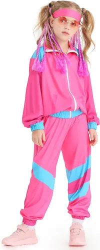 Vista 4 de IMEKIS Disfraz de entrenamiento de los años 80 para niñas, niños, chaqueta de Halloween con pantalones, diadema de los años 80, conjunto de ropa