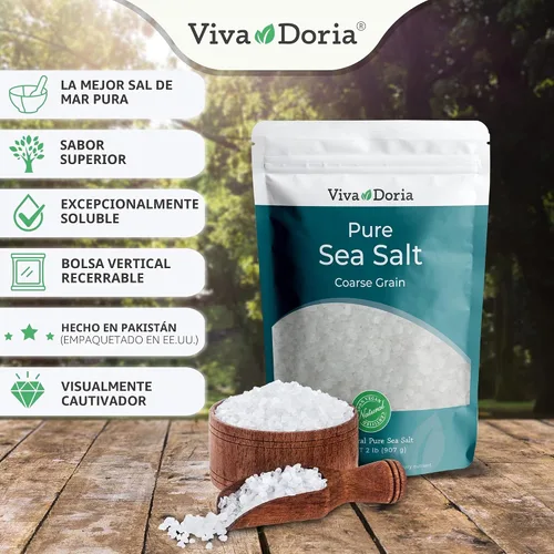 Vista 3 de Viva Doria Sal marina pura, grano grueso, 2 libras Ideal para molinillos de sal