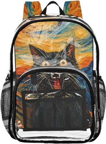 Vista 4 de Mochila transparente con diseño de gato negro y helado para la Negro Naranja Abstracto Gato