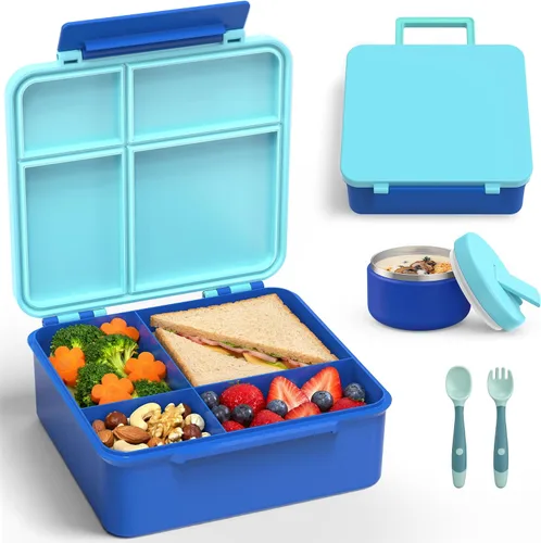 Vista 10 de Lonchera Bento con termo de sopa de 8 onzas, recipientes de almuerzo a prueba de fugas con 4 compartimentos, tarro térmico para comida caliente